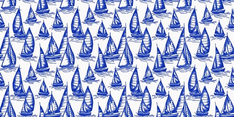 Coastal sail boat in azure ocean blue seamless border background, Modern sailing race boat block print banner for decorative coast interior furnishing fabric edge trim. 
