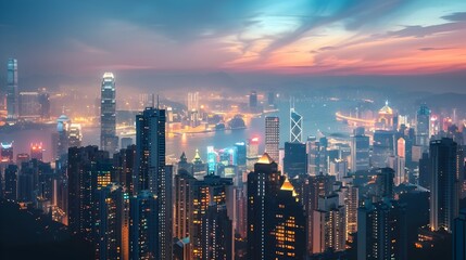 Mesmerizing Skyline of a Thriving Metropolis at Dusk with Glowing City Lights and Towering Skyscrapers