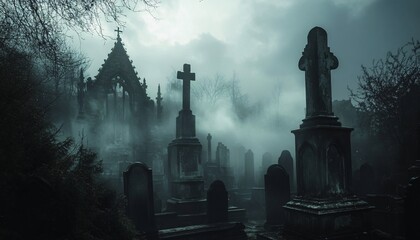 Fototapeta premium Creepy Cemetery Scene on Halloween Night horror scene in Halloween