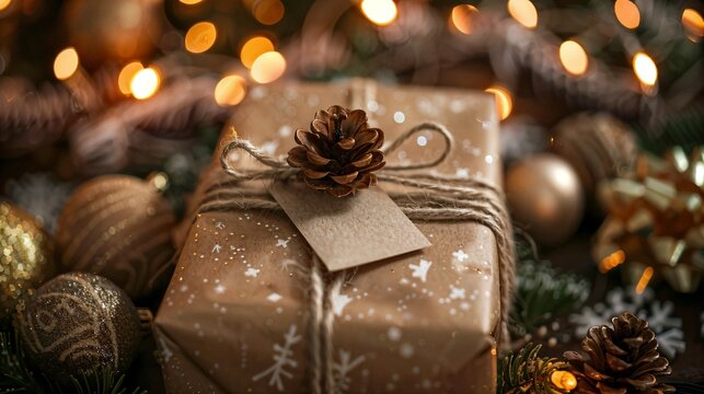 a present wrapped in brown paper with a pine cone on top