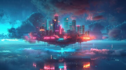 Obraz premium futuristic floating city at night with glowing buildings and colorful neon lights.