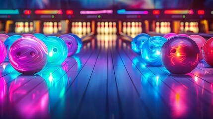 A vibrant and bright setting of a modern bowling alley featuring colorful neon bowling balls meticulously arranged on a polished lane.
