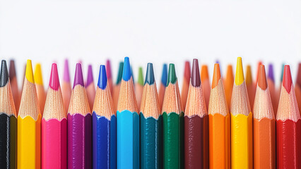 Fototapeta premium Brightly colored wooden pencils arranged upward, vertically on a white surface. For education materials, color pencils, and creative contents.