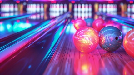 A vibrant and bright setting of a modern bowling alley featuring colorful neon bowling balls meticulously arranged on a polished lane.
