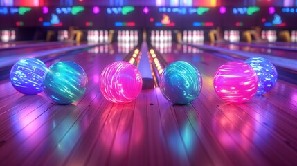A vibrant and bright setting of a modern bowling alley featuring colorful neon bowling balls meticulously arranged on a polished lane.
