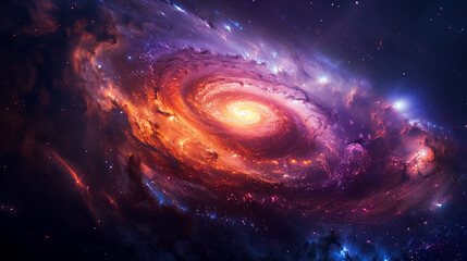 Spiral galaxy with colorful nebulae and distant stars, space background