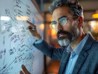 Business Leader Brainstorming with Team Around Digital Whiteboard Innovative Ideas Flowing in High Tech Office Setting