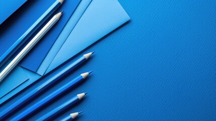 Stationery arrangement in blue and silver colors from a top diagonal view with space for text