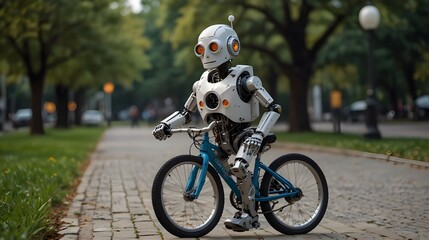  A futuristic concept picture, a humorous robot, and a cute cyborg robot all ride bicycles in a metropolitan park..