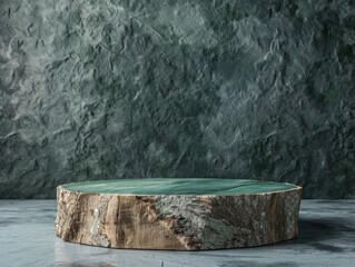 Wooden Tree Stump Platform Against a Green Wall