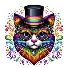 Colorful Cat with Top Hat and Glasses