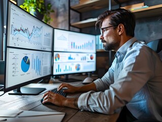 Business leader analyzing market trends and data on multiple digital screens in modern office setup