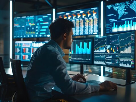 Business Leader Analyzing Market Trends on Multiple Digital Screens in Modern Office Setup