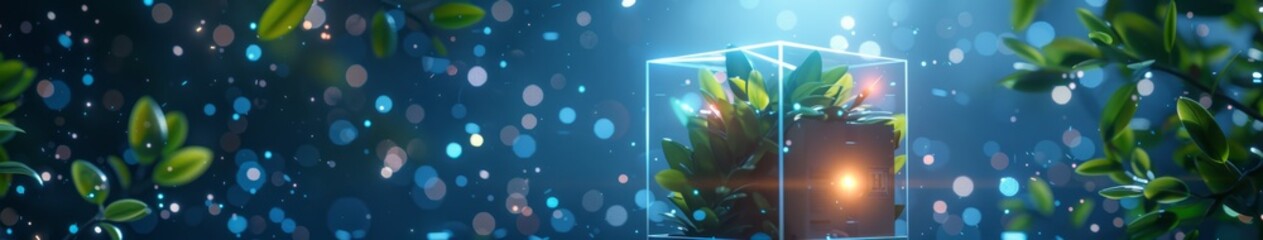 Naklejka premium Unlocking Tomorrow's Innovation: Digitally Rendered Open Box with Vivid Holographic Green Leaves in a Wireframe Style, Emblematic of Technological Advancement and Eco-Friendly Design