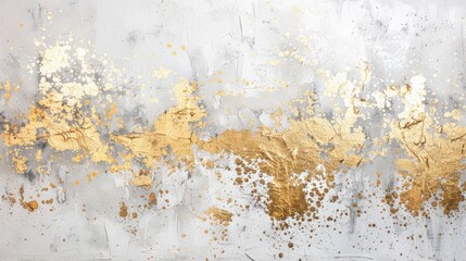 An abstract artwork with a textured white canvas splattered with shimmering gold paint, creating a vibrant contrast that suggests both spontaneity and sophistication. Modern art.