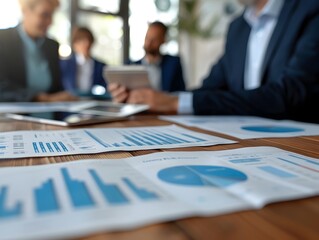 Business Leaders Discussing Financial Projections and Data Visualizations in Modern Conference Room