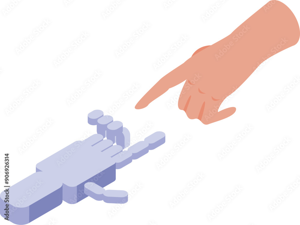 Poster robot and human hands pointing at each other symbolizing connection in isometric view