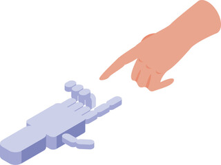 Robot and human hands pointing at each other symbolizing connection in isometric view