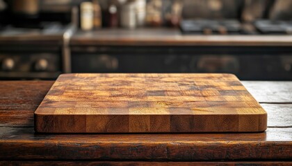 A beautiful wooden cutting board is placed atop a sturdy wooden table in a cozy kitchen