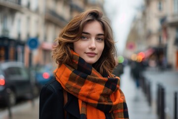 Fototapeta premium beautiful woman with medium-length hair and an orange and black checkered scarf stands street in winter