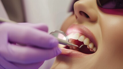 Dentist performing a whitening treatment on a patient's teeth in a dental clinic