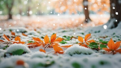Wooden Table Covered in Snowy Leavesm