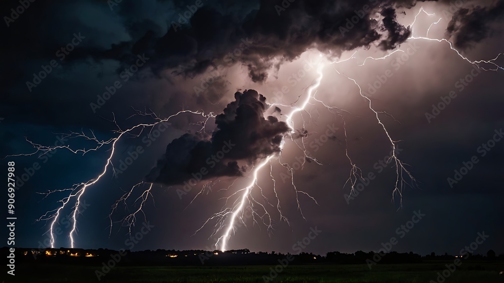 Wall mural huge thunderstorm in a dark night sky full of beauties, horrifying natural happening landscape view