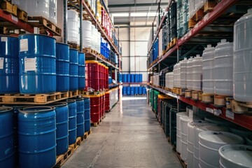 Fototapeta premium Chemical storage warehouse. Containers for chemical liquids. Warehouse system. Toxic barrels are kept in stock
