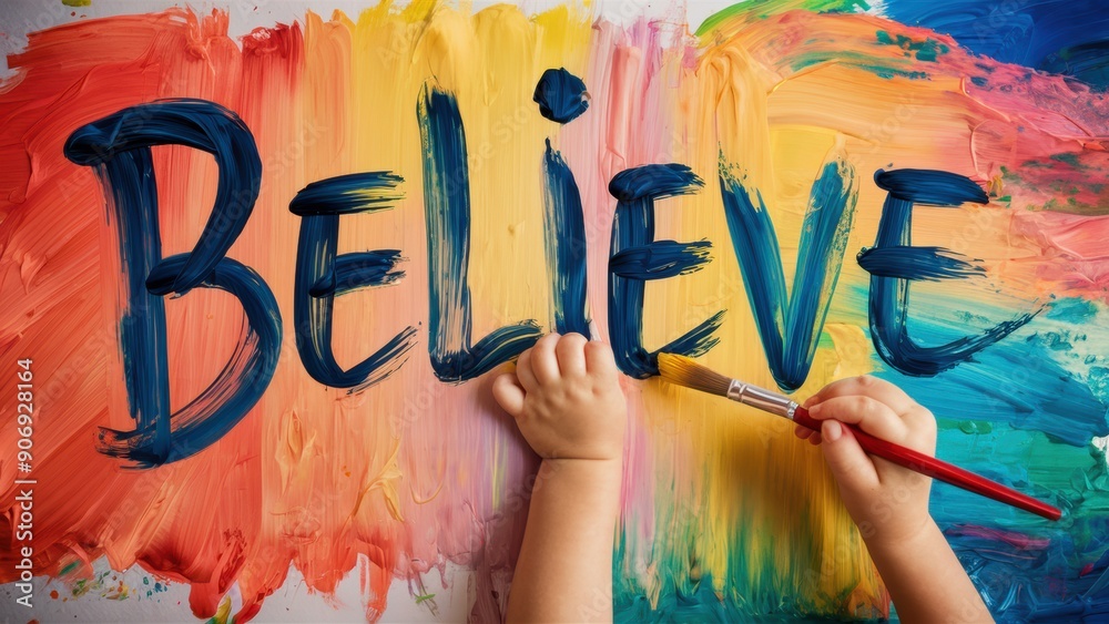 Canvas Prints A child is painting the word believe on a colorful wall, AI