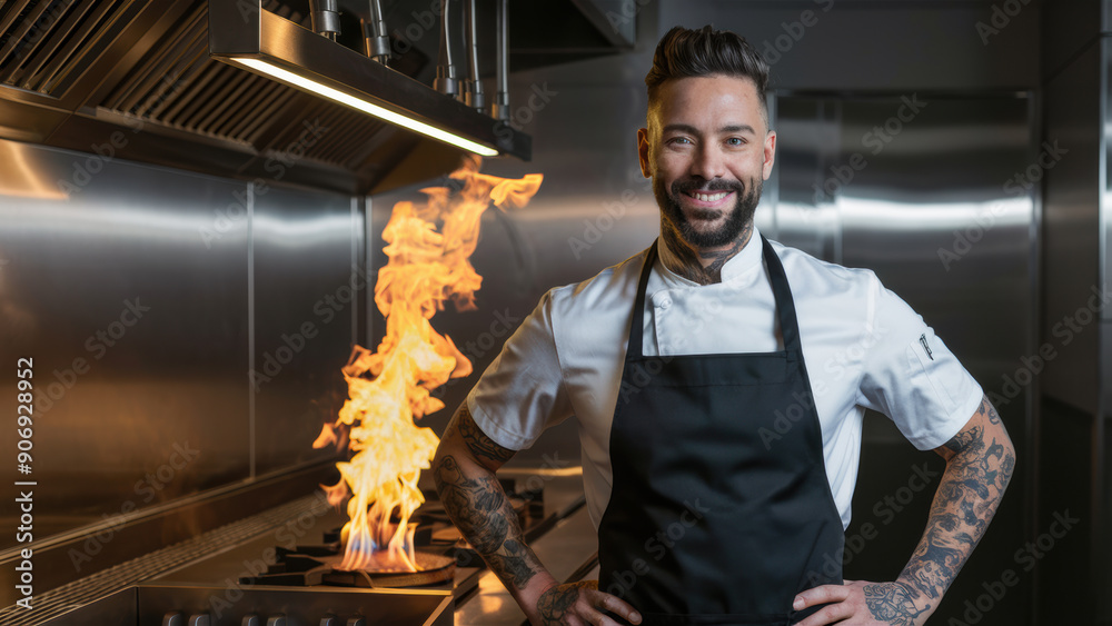 Wall mural A man with a beard standing in front of the stove, AI