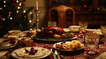 A beautifully set Christmas table with traditional dishes such as roast turkey, mashed potatoes and cranberry sauce, festive tableware and Christmas decorations.