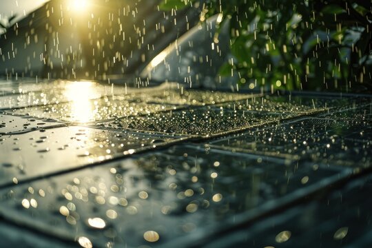 Close-up of wet solar panels on rooftop during rain with sun light