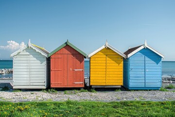Colorful wooden beach huts by the sea