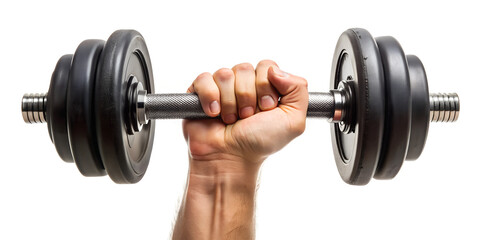 Hand with a dumbbell on a white background.

