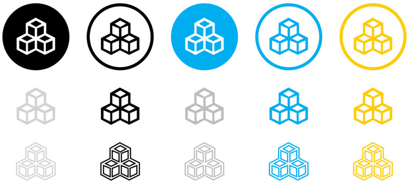 Cube Icon Symbol With Three Blocks. Cubic Building Icon, Three Sugar Cubes Icon - Block Chain Logo Icon For Website Design And Mobile, App Icons