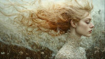 Fototapeta premium Surreal Editorial Portrait of a Woman with Flowing Hair in a Dreamy Landscape