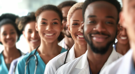 A multi-ethnic group of smiling healthcare professionals standing in a line, representing unity and teamwork in the medical field. Diversity and collaboration in healthcare environments