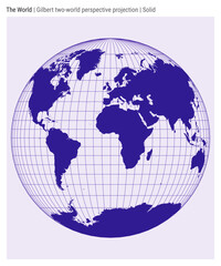 World Map. Gilbert two-world perspective projection. Solid style. High detail world map for infographics, education, reports, presentations. Vector illustration.