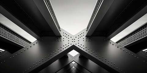 Monochromatic metal beams with structural design elements, Geometric photography, abstract architecture black and white

