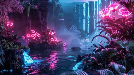 Landscape a futuristic garden and waterfall with neon glowing