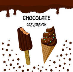 Chocolate ice cream in illustration.Vector illustration with chocolate ice cream, decor and text on a transparent background.