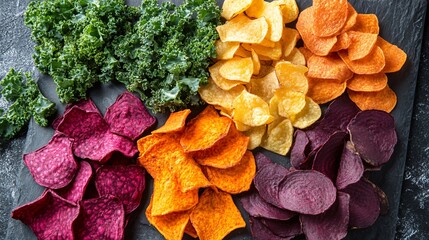 A variety of chips made from different vegetables such as sweet potato, beet and kale, arranged in colorful piles on a slate platter