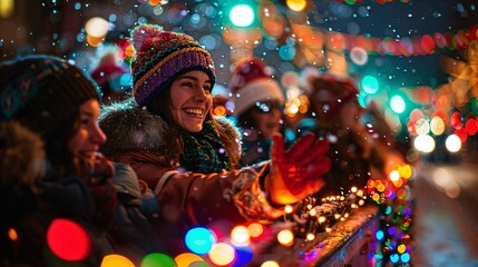 a group of people standing around a christmas light display