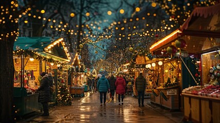 Fototapeta premium a group of people walking down a street covered in christmas lights