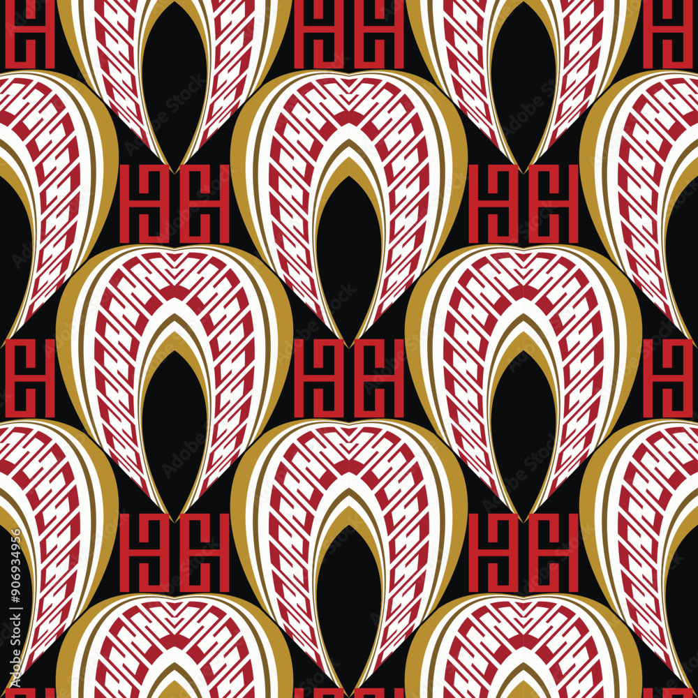 Wall mural Tribal ethnic greece ancient style seamless pattern with arches, greek key meanders. Ornate greek arces background. Beautiful colorful curves ornament. Abstract modern fabric pattern. Endless texture.