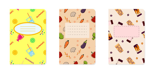 A set of notebook cover design templates. Recipe notebook. Vector graphics 