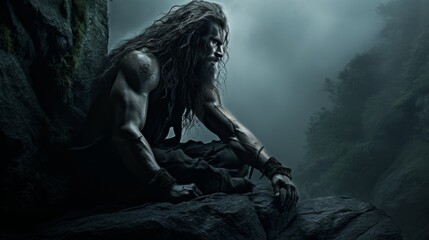 Sinister werewolf on moonlit cliff, spooky lycanthrope in eerie mist   horror halloween night