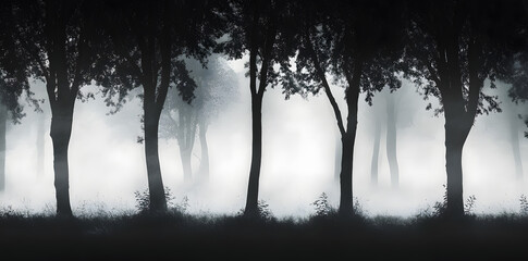 Obraz premium Misty foggy forest monochrome silhouette trees background