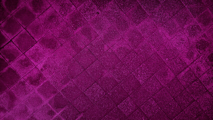 Fototapeta premium rough wet street violet pathway in grid pattern for design, top view. cobble granite stone, square shape in grid on the outdoor pathway. purple sidewalk texture made of stone tiles.