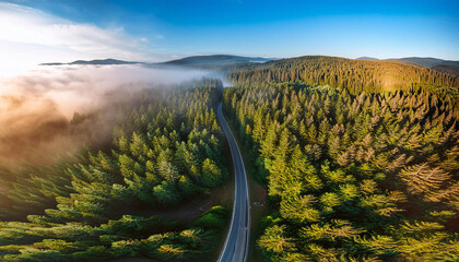 Winding road through dense pine forest, morning mist creating a mystical atmosphere; aerial shot from the drone, top view